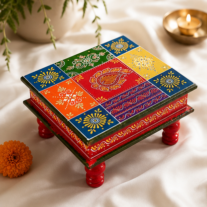 Handcrafted & Hand Painted Multicolour Folk Art Chowki