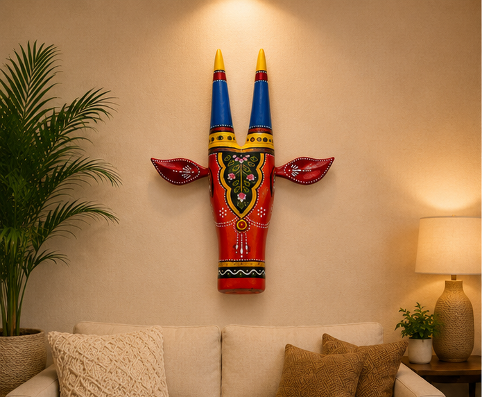 Handcrafted & Hand Painted Red Traditional Wooden Cow Face - 12 inch