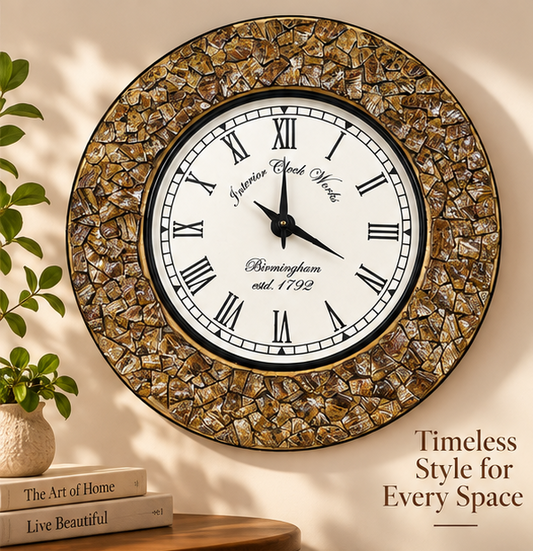 Stone Crest Nariyal & Wood Handcrafted Clock - Size - 16 Inch Gold Colour
