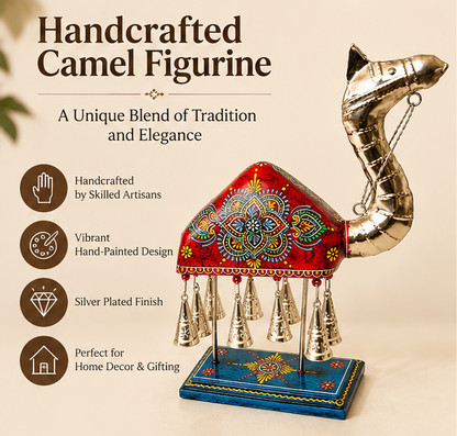 Handcrafted Camel Figurine with Silver-Plated Finish & Hanging Bells – 16 × 17 Inch