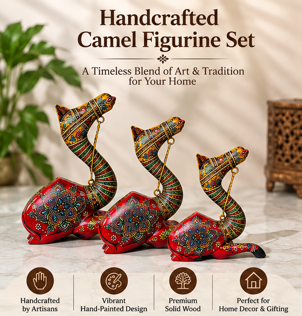 Trendytix Handcrafted Wooden Camels Set of 3 Red Colour