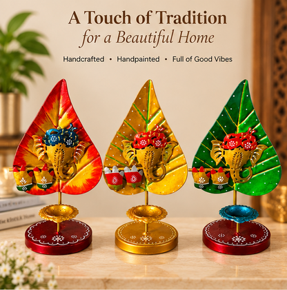 Handcrafted Leaf-Shaped Ganesha Diya Stand – Set of 3 - 10 inch