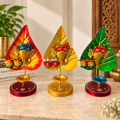 Handcrafted Leaf-Shaped Ganesha Diya Stand – Set of 3 - 10 inch
