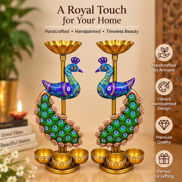 Handcrafted Peacock Diya Stand Set of 2 | Handpainted Decor