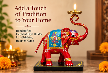 Handcrafted Elephant Diya Stand – 8 Inch | Hand-Painted Traditional Décor