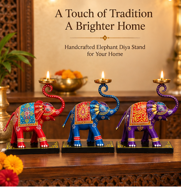 Handcrafted Elephant Diya Stand 3 piece set – 8 Inch
