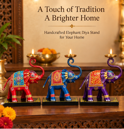 Handcrafted Elephant Diya Stand 3 piece set – 8 Inch