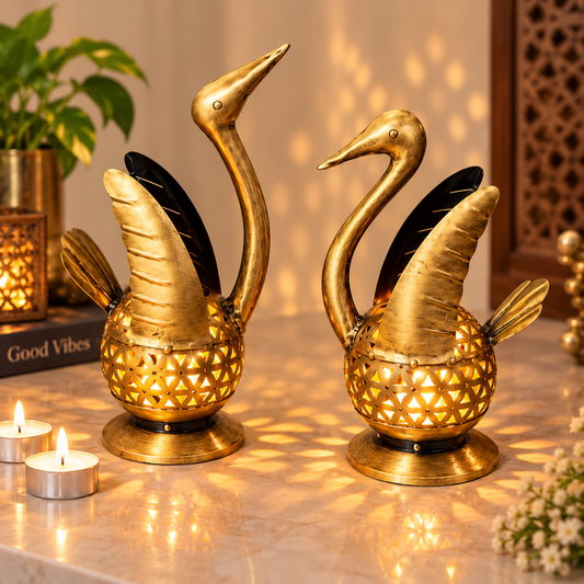 Handcrafted Swan Tealight Candle Holder Set of 2 | Antique Gold Finish