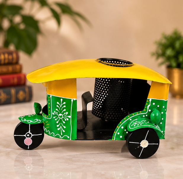 Handcrafted Auto Rickshaw Pen Stand – Traditional Indian Desk Decor