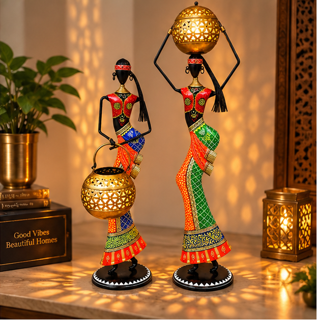 Handcrafted Tribal Lady Tea Light Holder Set of 2 – 32 Inch | Traditional Metal Decor