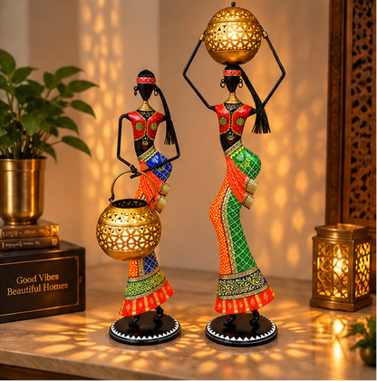 Handcrafted Tribal Lady Tea Light Holder Set of 2 – 32 Inch | Traditional Metal Decor