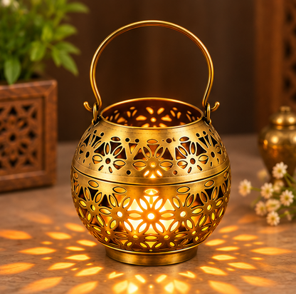 Handcrafted Brass Tea Light Candle Holder – 5 Inch | Floral Cutwork Lantern