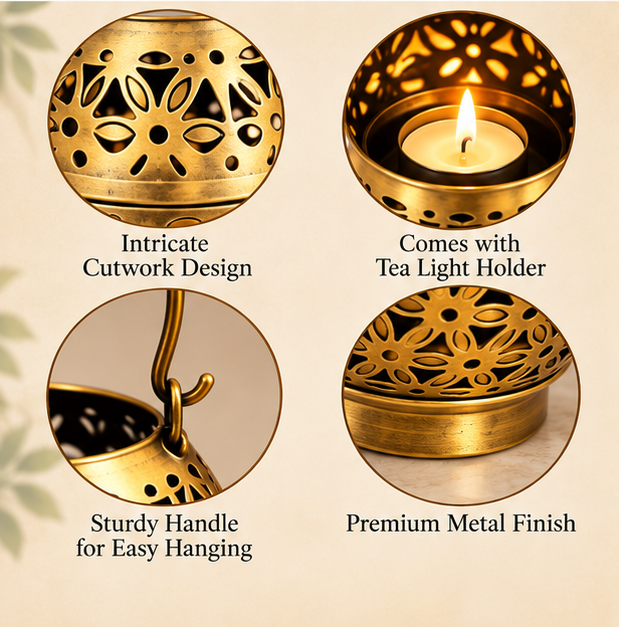 Handcrafted Brass Tea Light Candle Holder – 5 Inch | Floral Cutwork Lantern