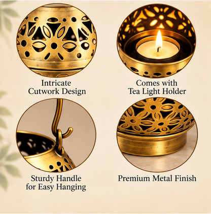 Handcrafted Brass Tea Light Candle Holder – 5 Inch | Floral Cutwork Lantern