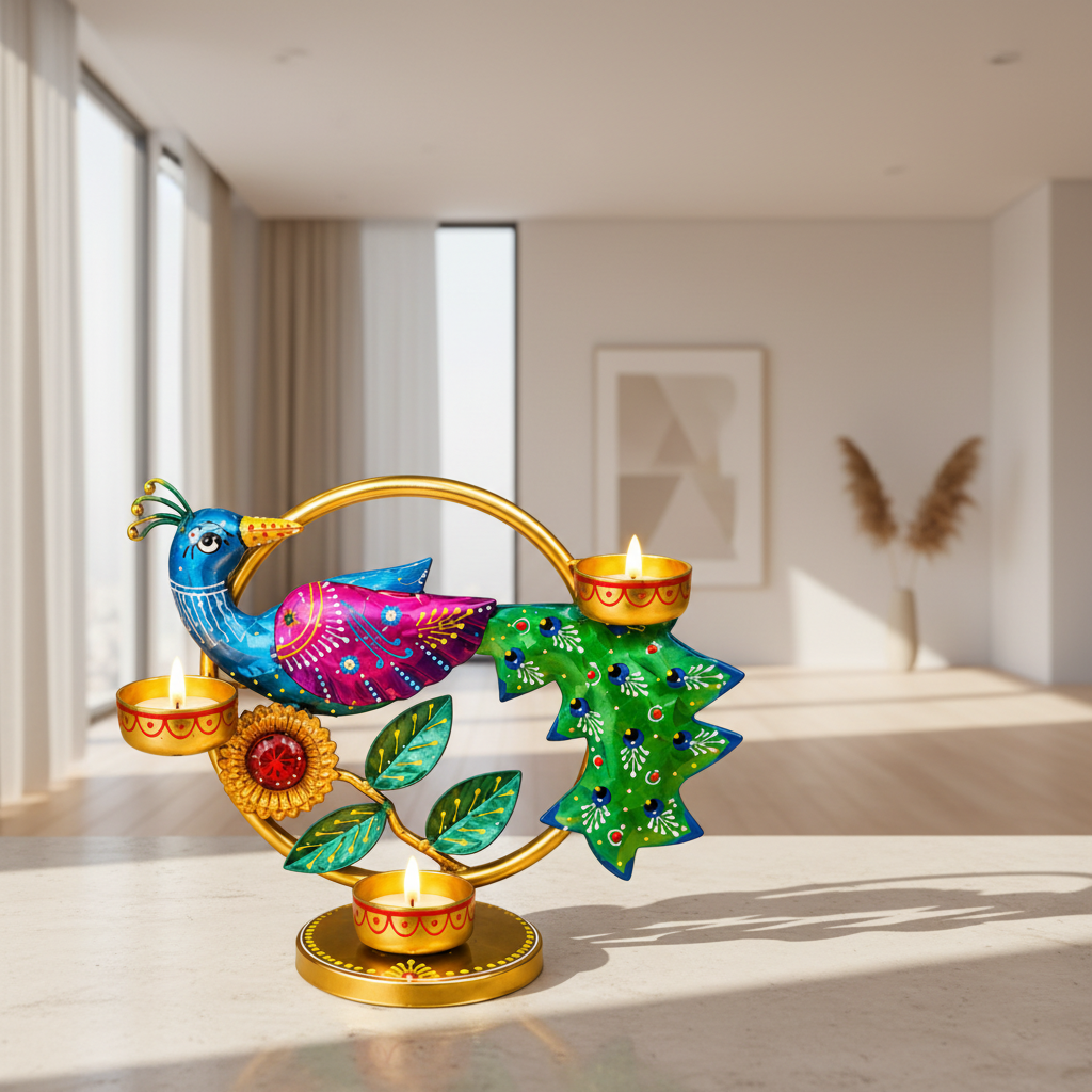 Handcrafted Peacock Tea Light Candle Holder – 9 Inch | Hand-Painted Metal Décor