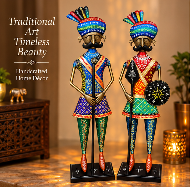 Handcrafted Rajasthani Warrior Statue Set of 2 – 31 Inch | Traditional Metal Decor