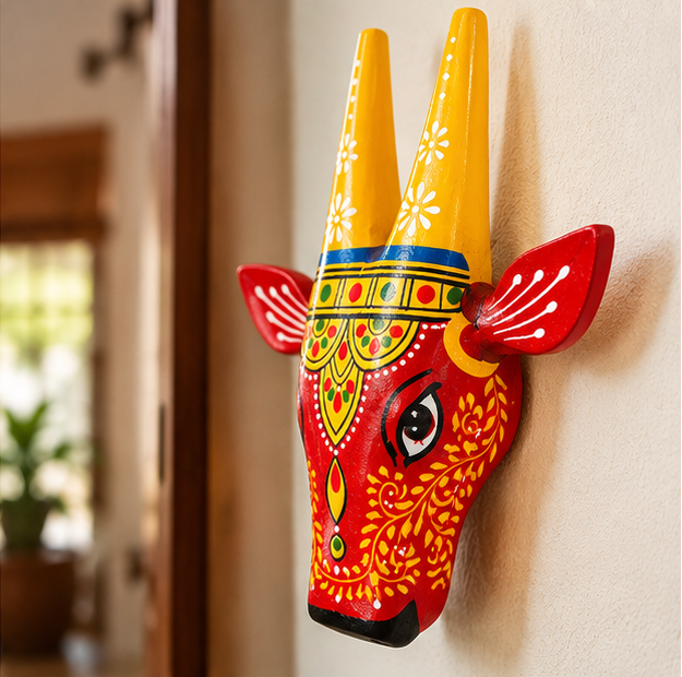 Handcrafted & Hand Painted Red Traditional Wooden Cow Face - 6 inch