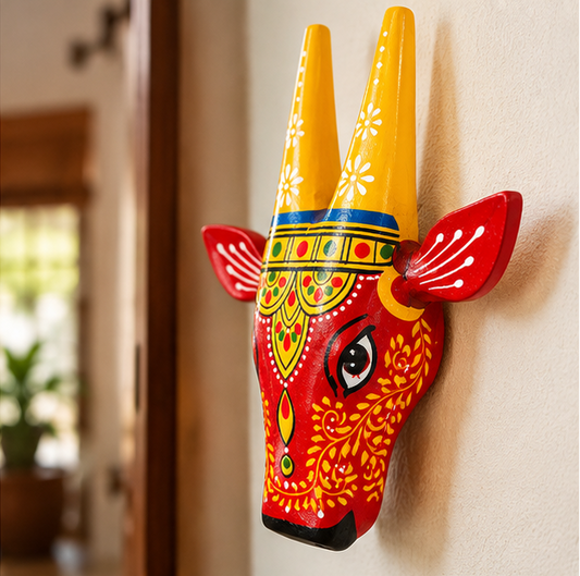 Handcrafted & Hand Painted Red Traditional Wooden Cow Face - 6 inch