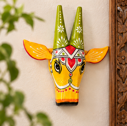 Handcrafted & Hand Painted Blue Traditional Wooden Cow Face - yellow
