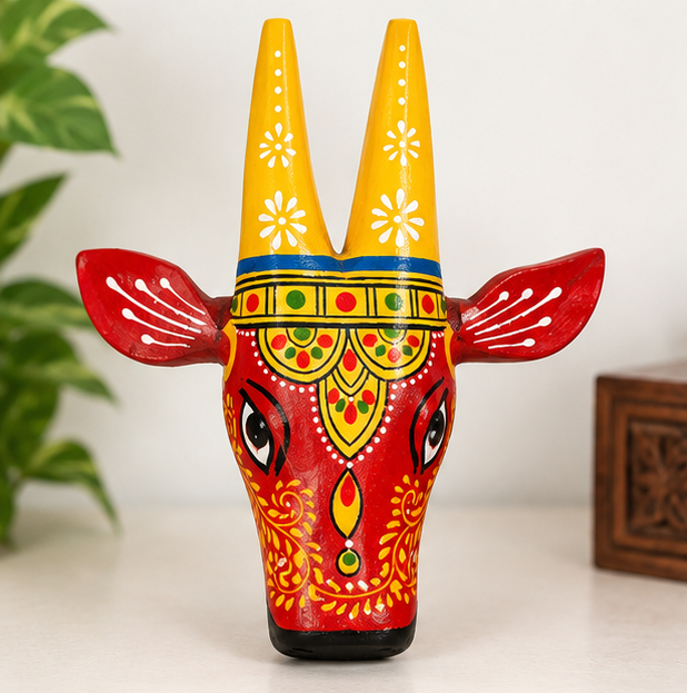 Handcrafted & Hand Painted Red Traditional Wooden Cow Face - 6 inch