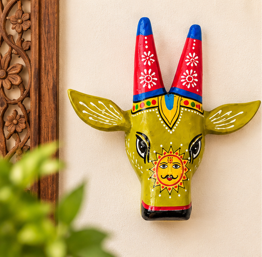 Handcrafted & Hand Painted Green Traditional Wooden Cow Face - 6 inch