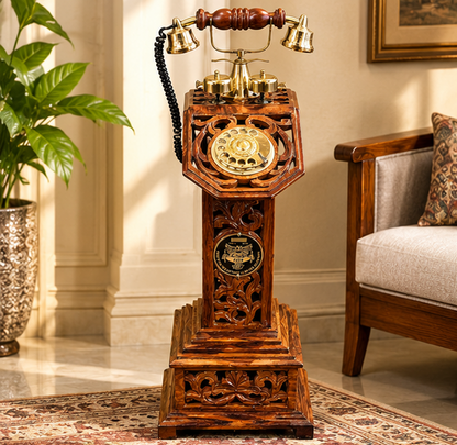 Handcrafted Sheesham Wood Vintage Rotary Telephone with Stand & Pure Brass Detailing
