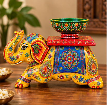 Handcrafted Hand-Painted Elephant Chowki with Decorative Bowl – Yellow Full Set