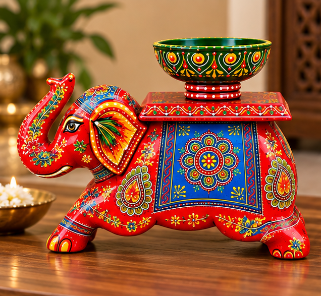 Handcrafted Hand-Painted Elephant Chowki with Decorative Bowl – Red Full Set
