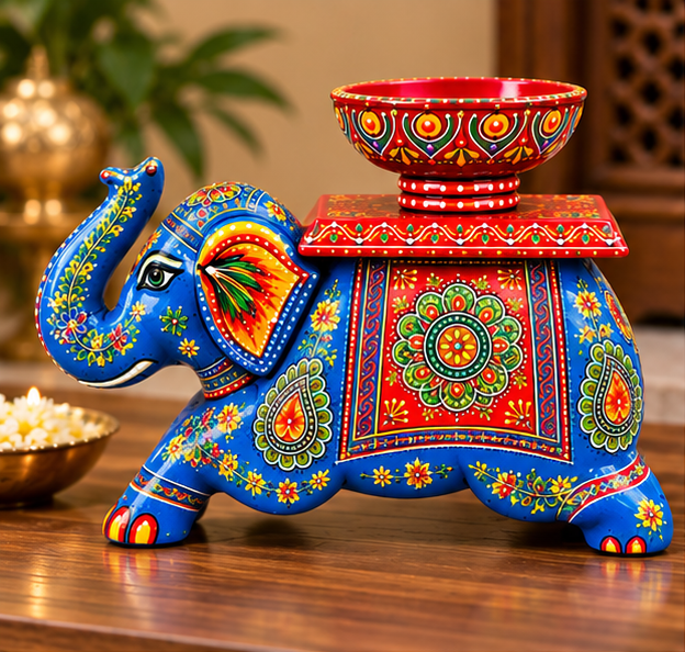 Handcrafted Hand-Painted Elephant Chowki with Decorative Bowl – Blue Full Set