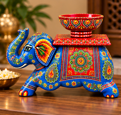 Handcrafted Hand-Painted Elephant Chowki with Decorative Bowl – Blue Full Set