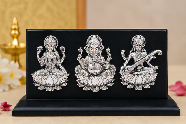 999 Silver Plated Laxmiji, Saraswatiji , Ganeshaji Idol