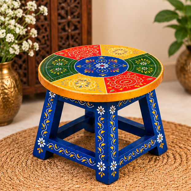Handcrafted Hand-Painted Wooden Stool – Traditional Rajasthani Decor