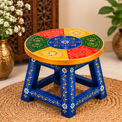 Handcrafted Hand-Painted Wooden Stool – Traditional Rajasthani Decor