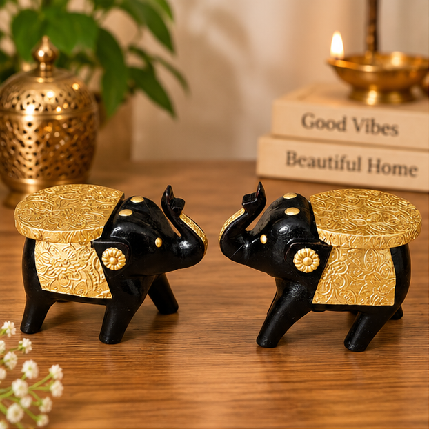 Handcrafted Black & Gold Elephant Wooden Stool Pair – Traditional Home Décor