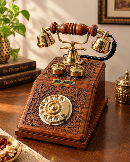 Real Functional Handcrafted Sheesham Wooden Vintage Rotary Telephone with Brass Work