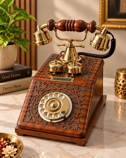 Real Functional Handcrafted Sheesham Wooden Vintage Rotary Telephone with Brass Work