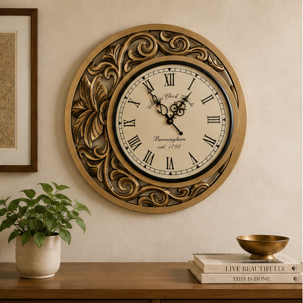 Regal Bloom Filigree Teak Wood Wooden Handcrafted Wall Clock