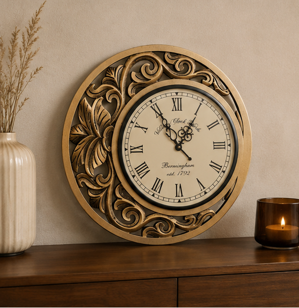 Regal Bloom Filigree Teak Wood Wooden Handcrafted Wall Clock