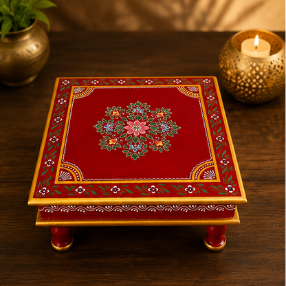Handcrafted & Hand Painted Wooden Rajasthani Red Floral Chowki