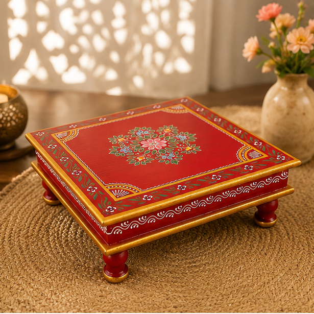 Handcrafted & Hand Painted Wooden Rajasthani Red Floral Chowki