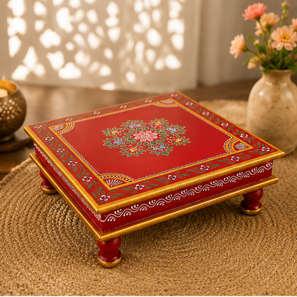 Handcrafted & Hand Painted Wooden Rajasthani Red Floral Chowki