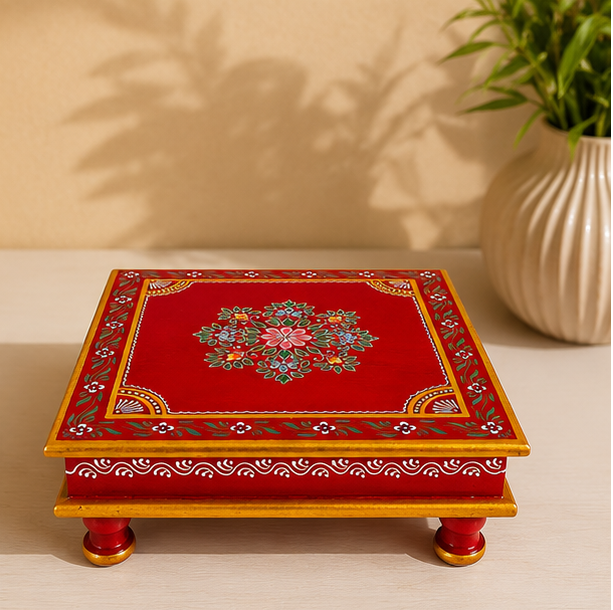 Handcrafted & Hand Painted Wooden Rajasthani Red Floral Chowki
