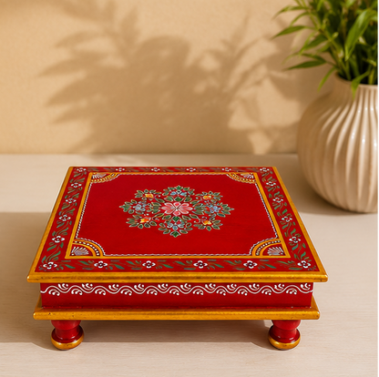 Handcrafted & Hand Painted Wooden Rajasthani Red Floral Chowki