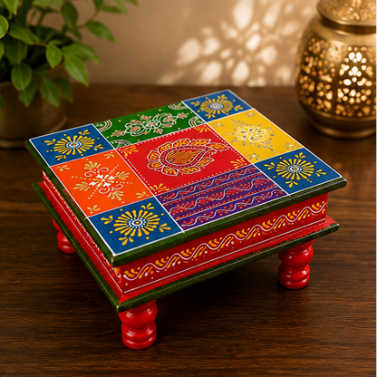 Handcrafted & Hand Painted Multicolour Folk Art Chowki