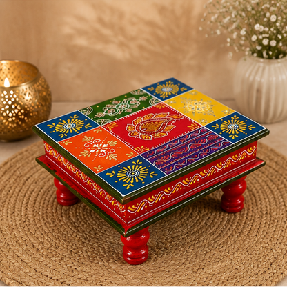 Handcrafted & Hand Painted Multicolour Folk Art Chowki