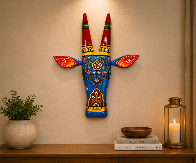 Handcrafted & Hand Painted Blue Traditional Wooden Cow Face - 6 inch