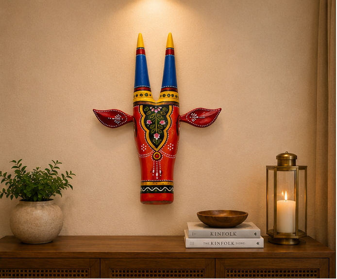 Handcrafted & Hand Painted Red Traditional Wooden Cow Face - 12 inch