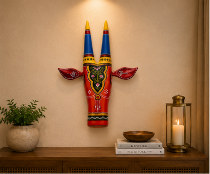 Handcrafted & Hand Painted Red Traditional Wooden Cow Face - 12 inch