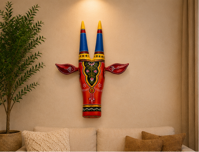 Handcrafted & Hand Painted Red Traditional Wooden Cow Face - 12 inch