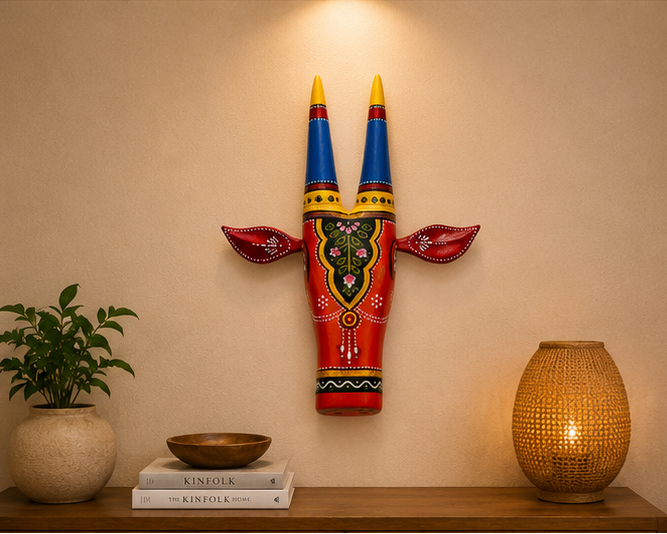 Handcrafted & Hand Painted Red Traditional Wooden Cow Face - 12 inch